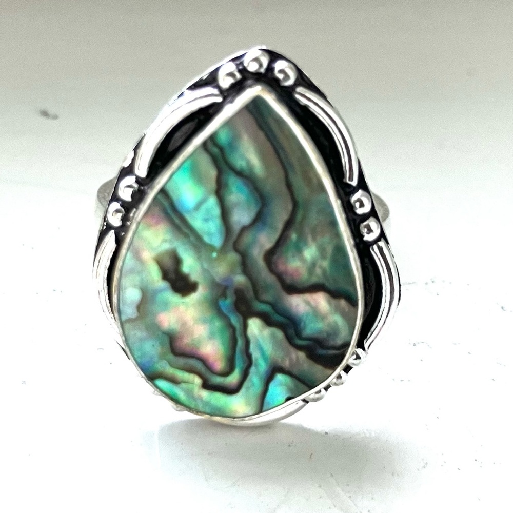 Teardrop shaped natural abalone shell stone ring 925 sterling silver plated. 8